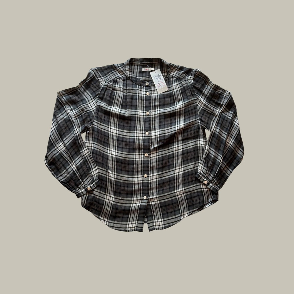 Faherty Drift Top Women XS Grey New Plaid Linen Blend Band Collar Button Down